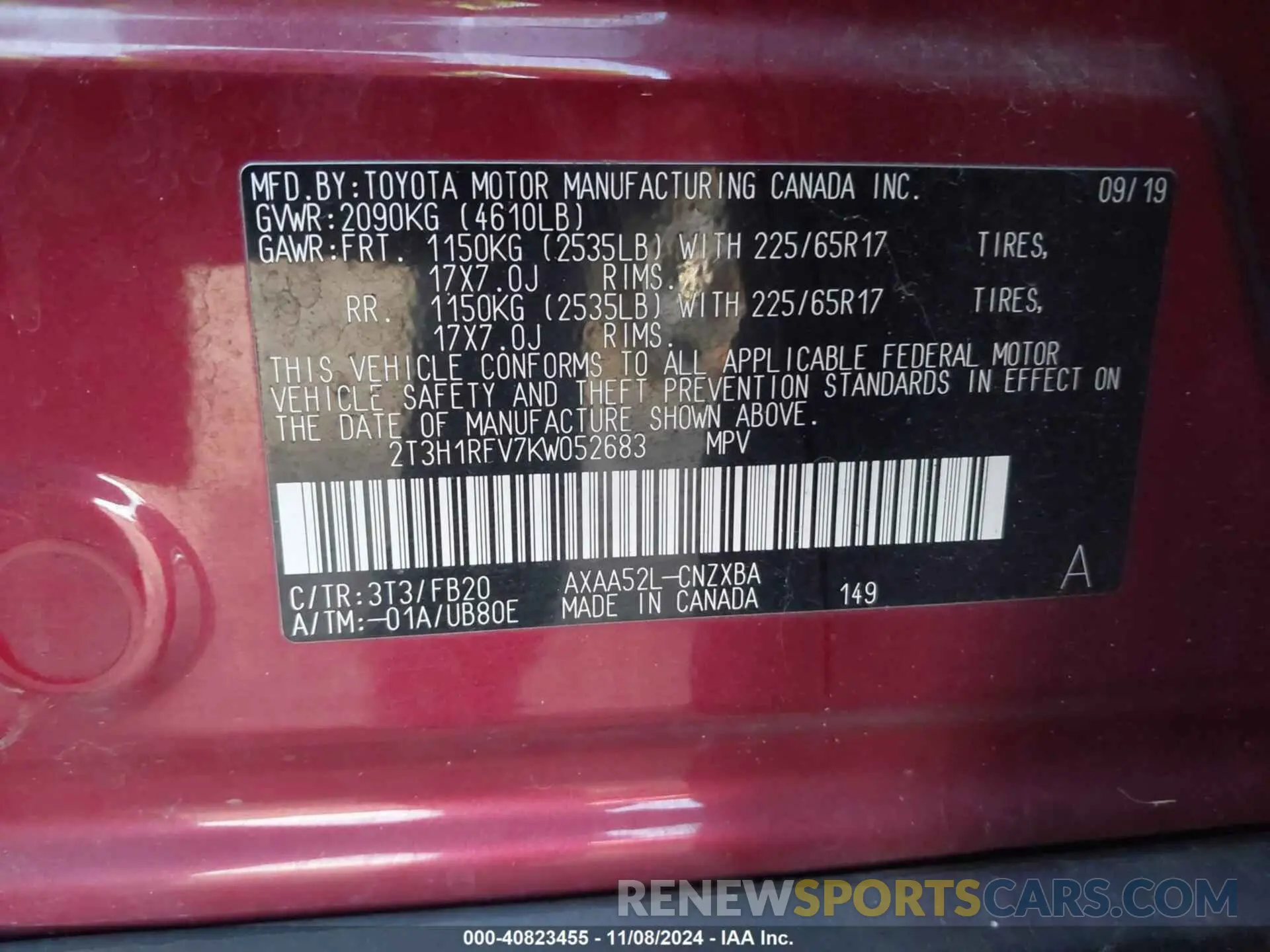 9 Photograph of a damaged car 2T3H1RFV7KW052683 TOYOTA RAV4 2019
