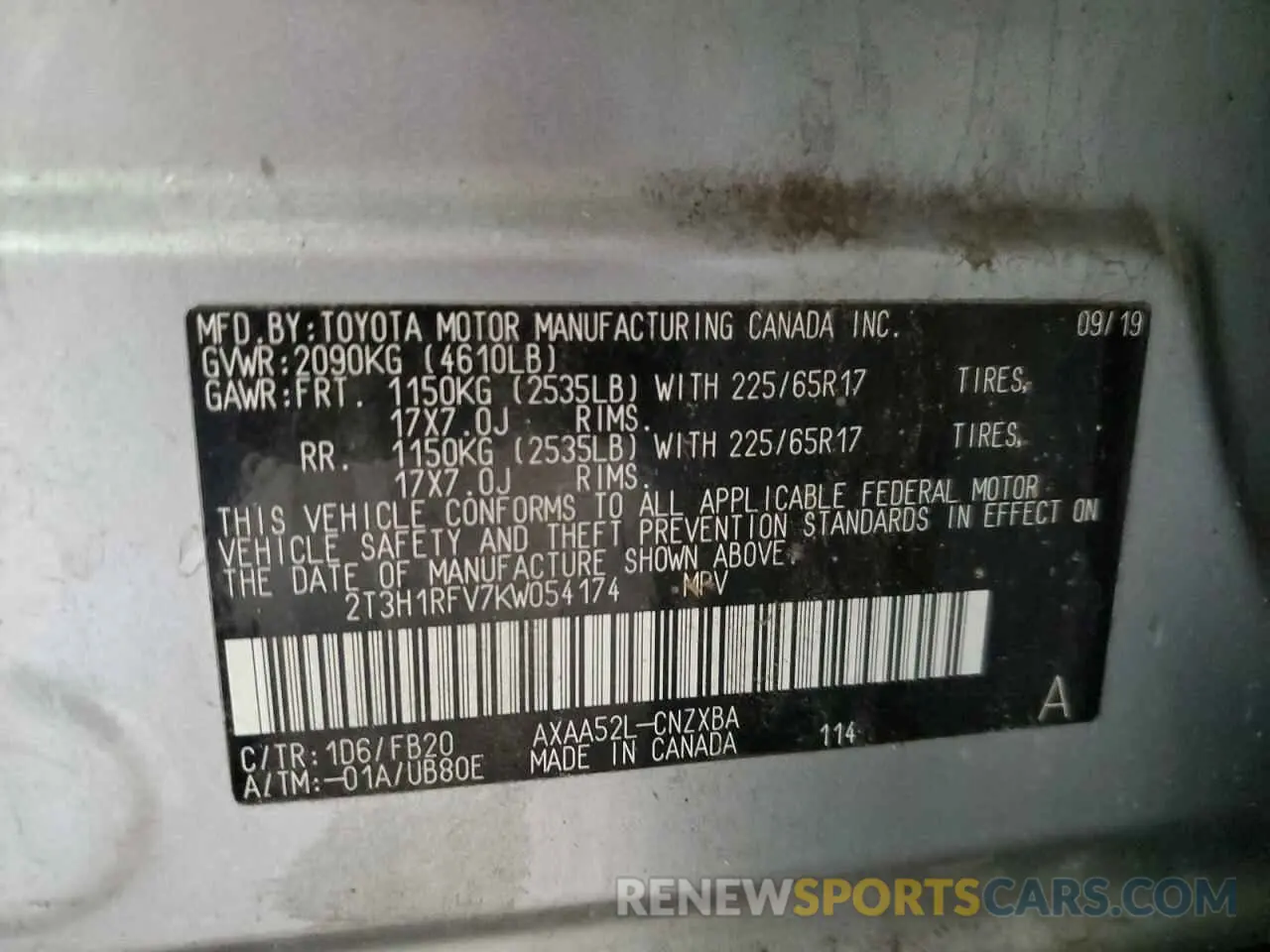 13 Photograph of a damaged car 2T3H1RFV7KW054174 TOYOTA RAV4 2019