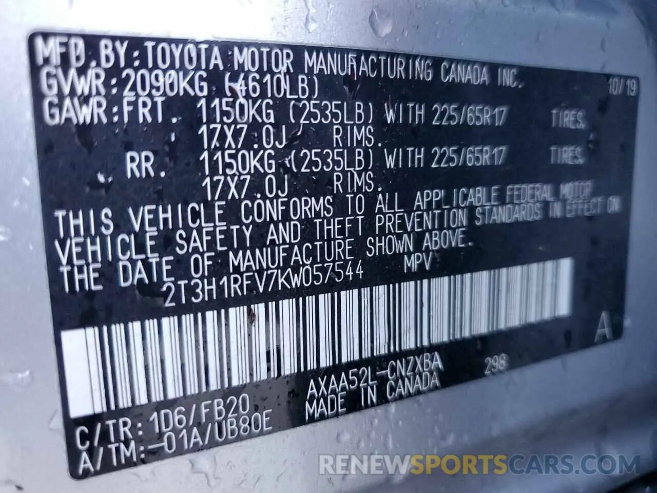 14 Photograph of a damaged car 2T3H1RFV7KW057544 TOYOTA RAV4 2019
