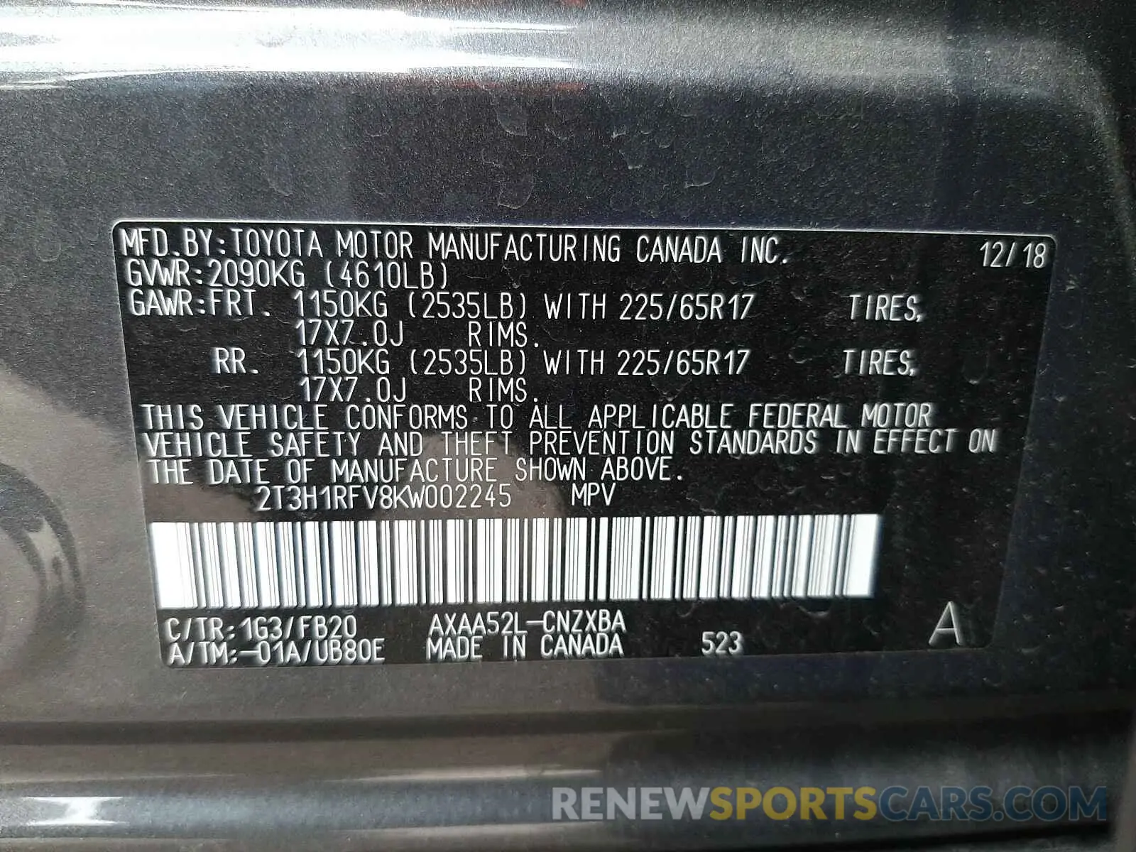 10 Photograph of a damaged car 2T3H1RFV8KW002245 TOYOTA RAV4 2019