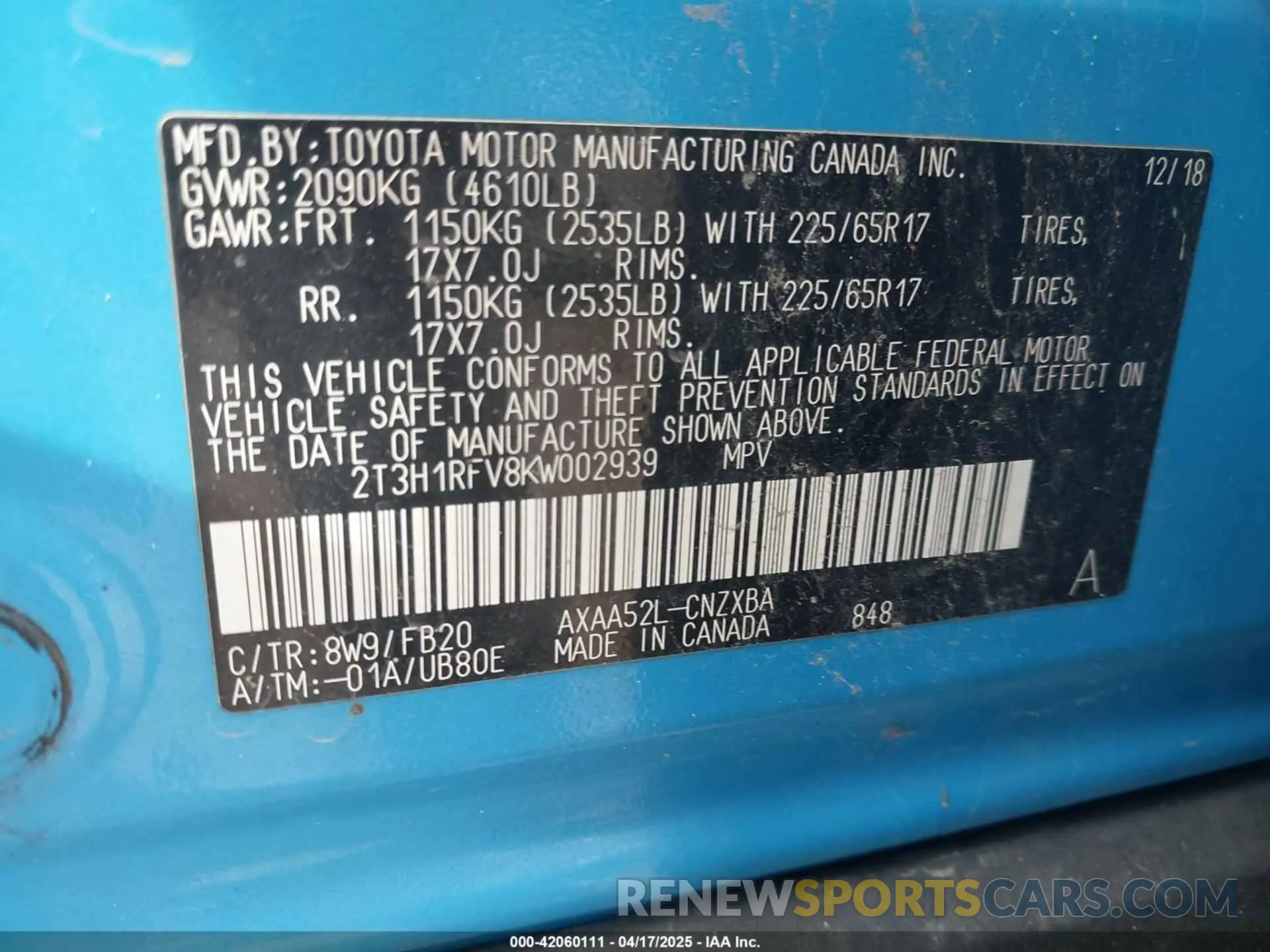 9 Photograph of a damaged car 2T3H1RFV8KW002939 TOYOTA RAV4 2019
