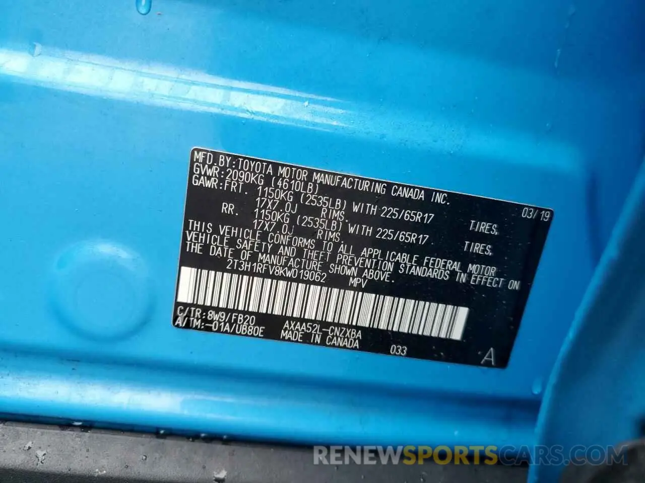 13 Photograph of a damaged car 2T3H1RFV8KW019062 TOYOTA RAV4 2019