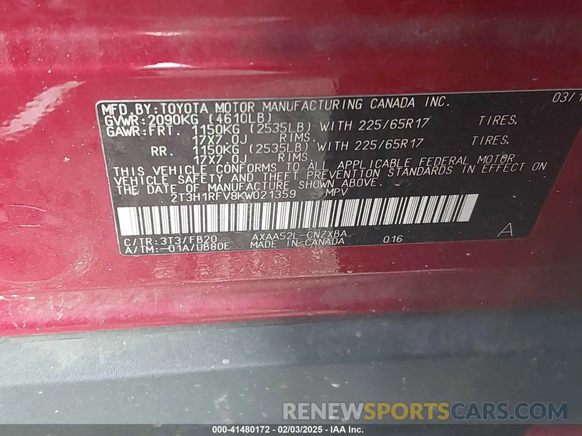 9 Photograph of a damaged car 2T3H1RFV8KW021359 TOYOTA RAV4 2019