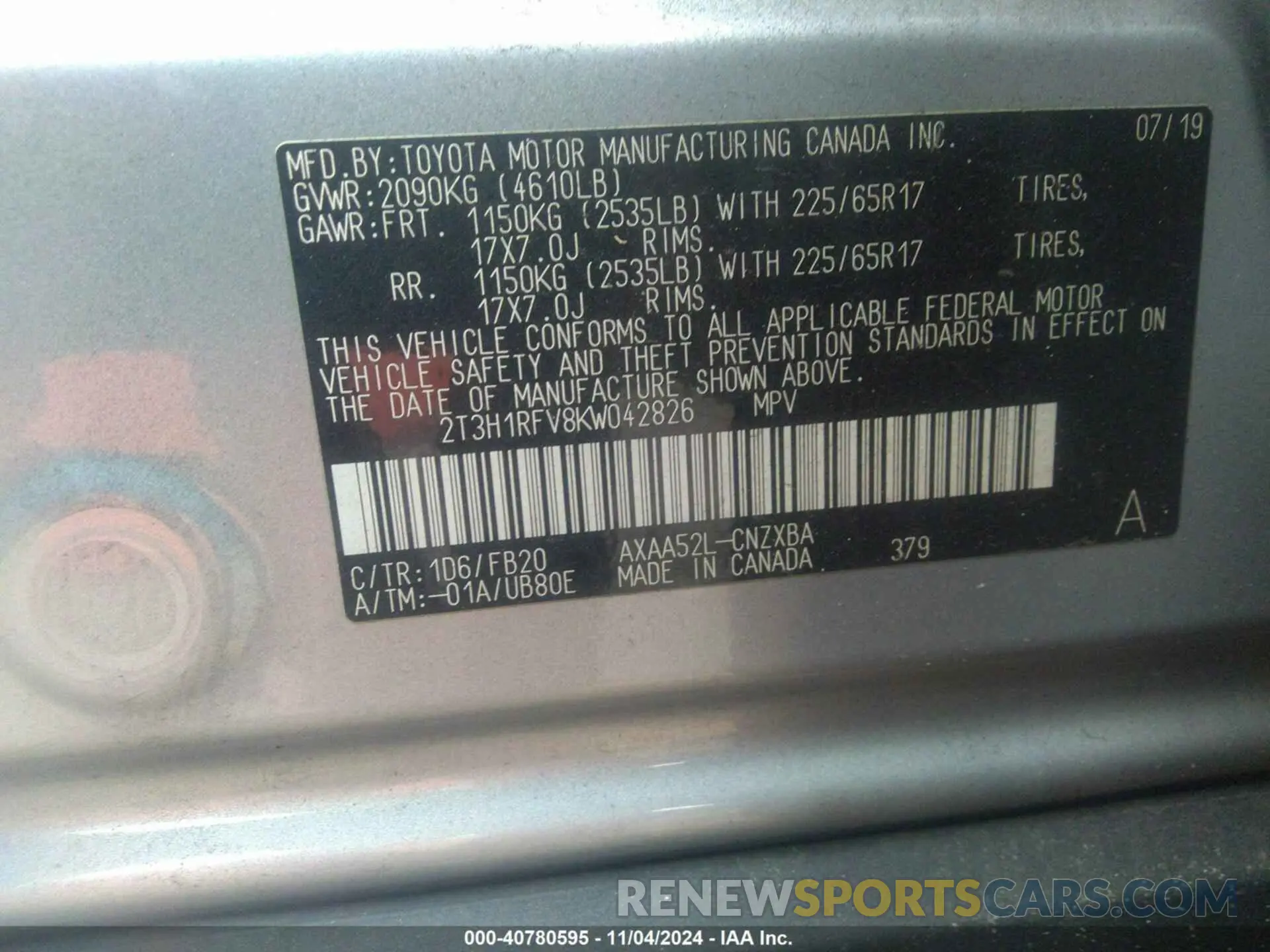 9 Photograph of a damaged car 2T3H1RFV8KW042826 TOYOTA RAV4 2019