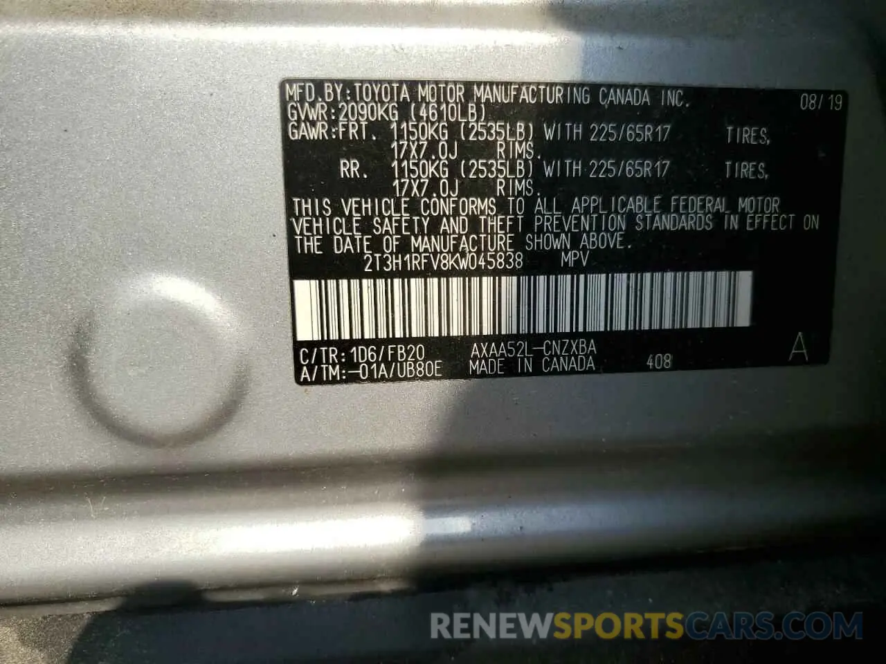 12 Photograph of a damaged car 2T3H1RFV8KW045838 TOYOTA RAV4 2019