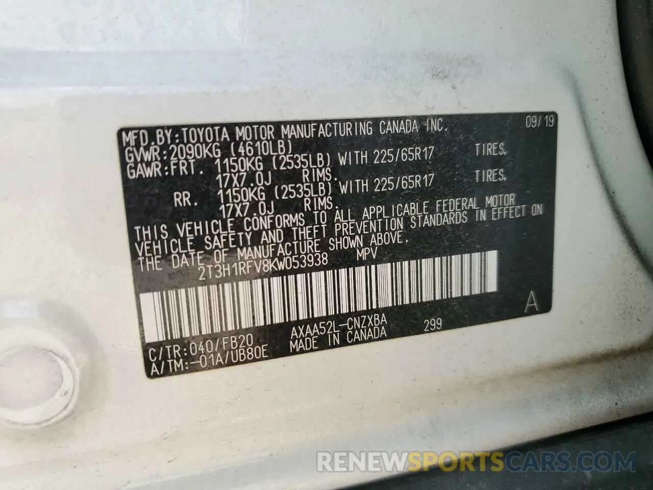 15 Photograph of a damaged car 2T3H1RFV8KW053938 TOYOTA RAV4 2019