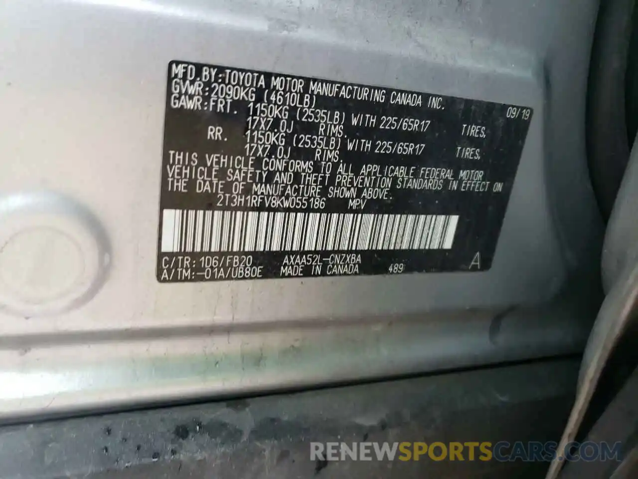 12 Photograph of a damaged car 2T3H1RFV8KW055186 TOYOTA RAV4 2019