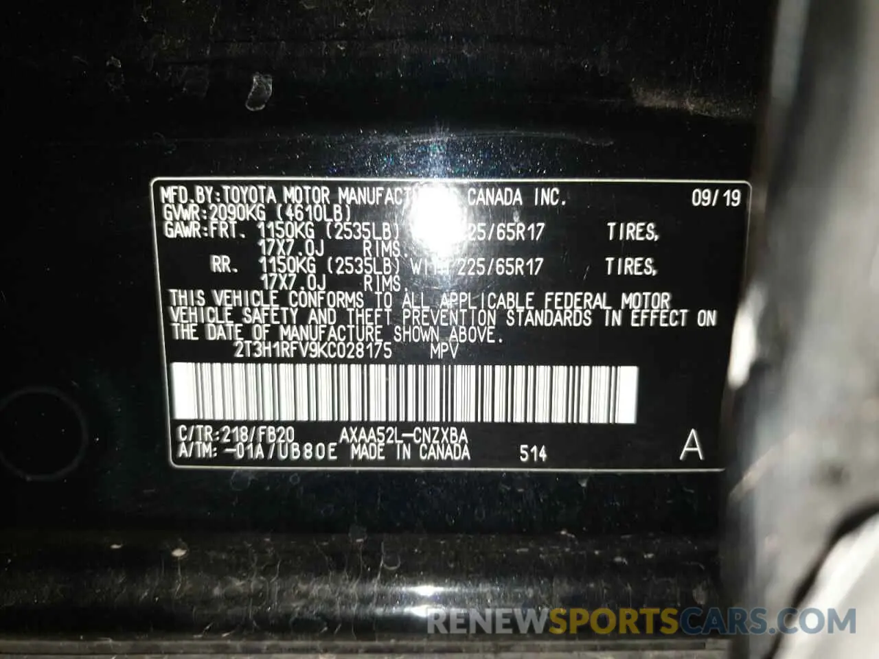 13 Photograph of a damaged car 2T3H1RFV9KC028175 TOYOTA RAV4 2019