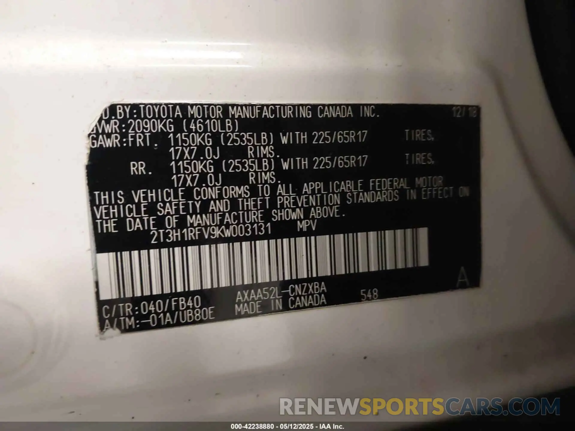 9 Photograph of a damaged car 2T3H1RFV9KW003131 TOYOTA RAV4 2019