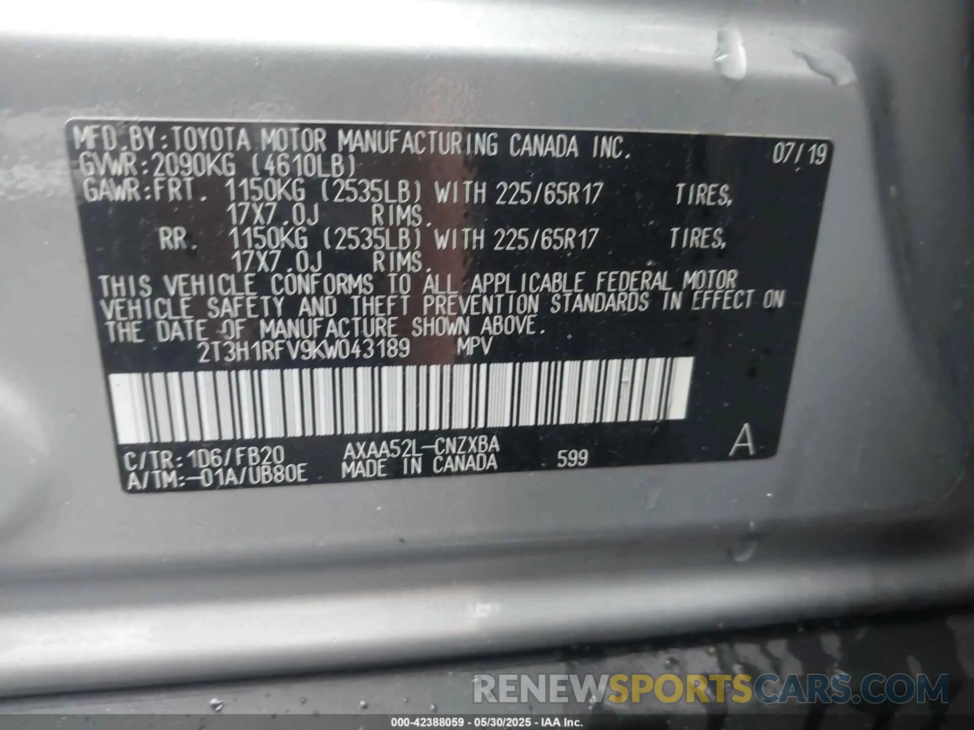 9 Photograph of a damaged car 2T3H1RFV9KW043189 TOYOTA RAV4 2019