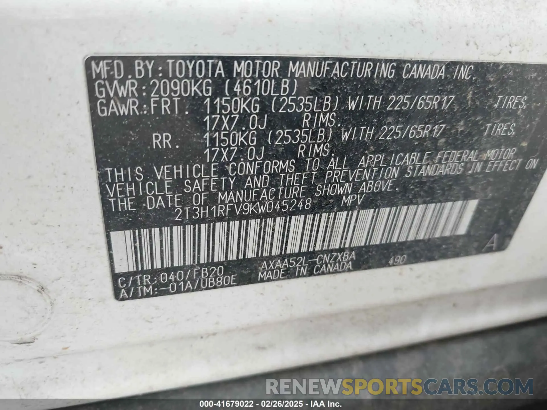 9 Photograph of a damaged car 2T3H1RFV9KW045248 TOYOTA RAV4 2019
