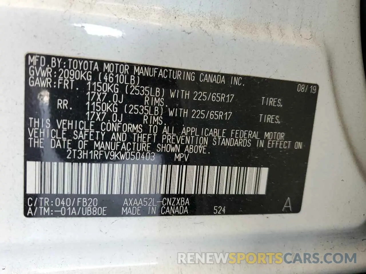 10 Photograph of a damaged car 2T3H1RFV9KW050403 TOYOTA RAV4 2019