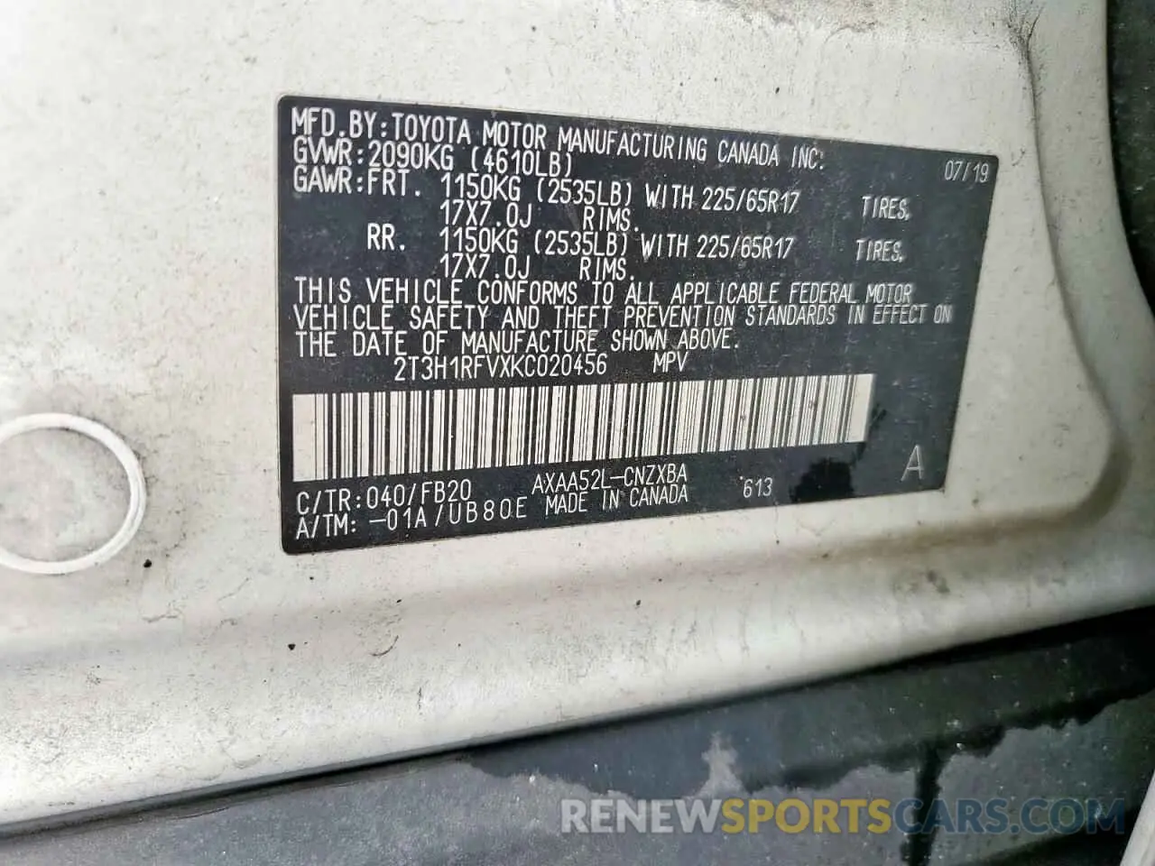 13 Photograph of a damaged car 2T3H1RFVXKC020456 TOYOTA RAV4 2019