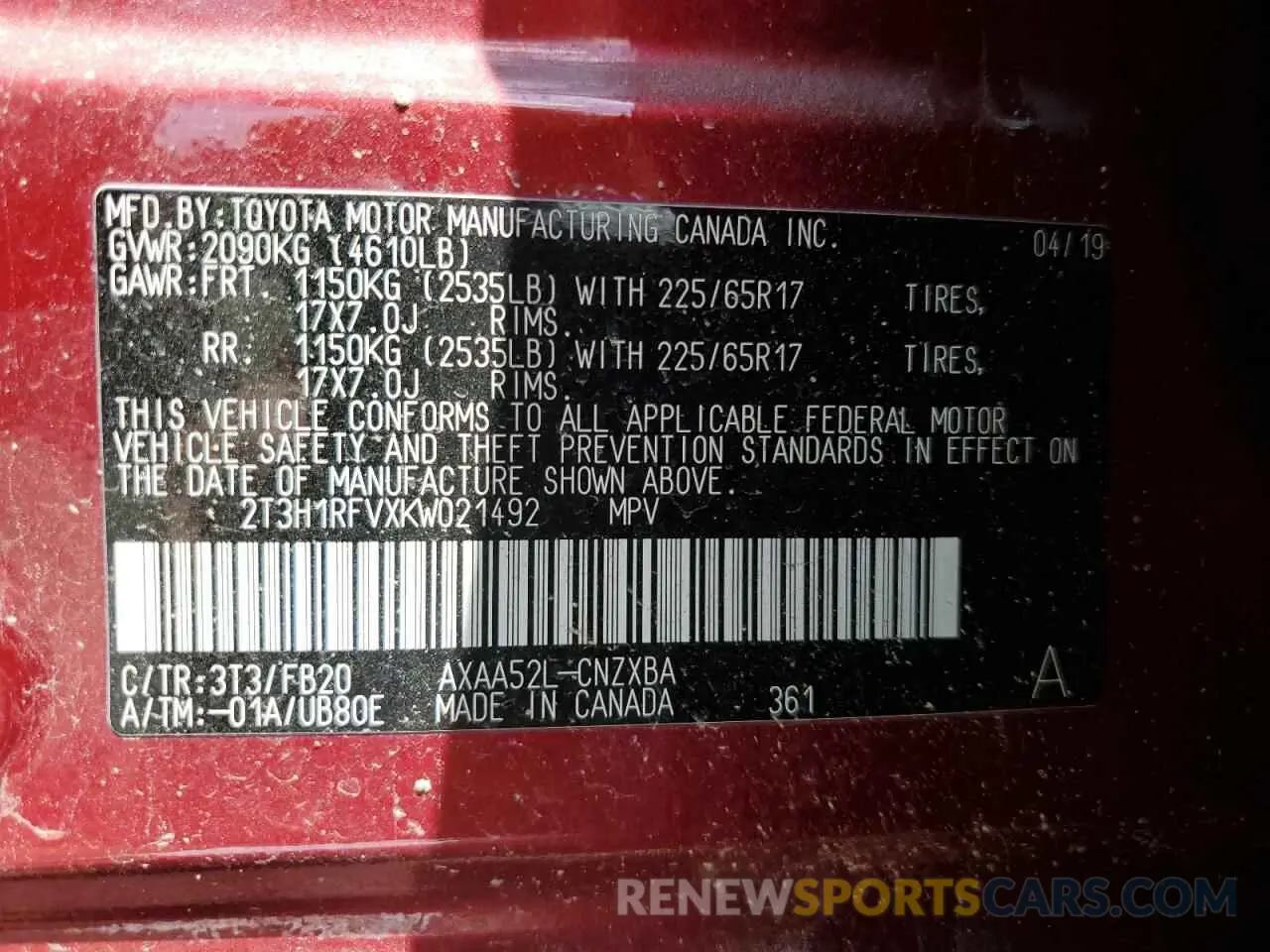 12 Photograph of a damaged car 2T3H1RFVXKW021492 TOYOTA RAV4 2019