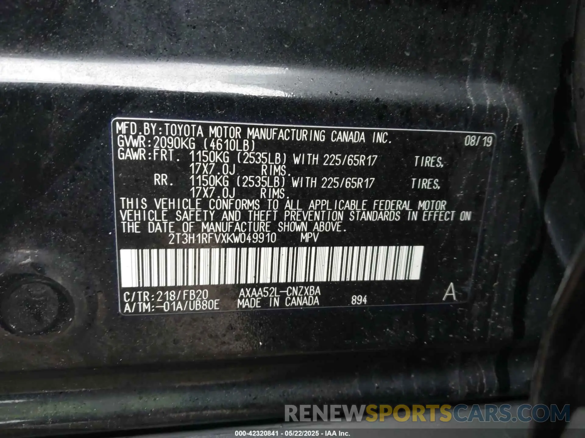 9 Photograph of a damaged car 2T3H1RFVXKW049910 TOYOTA RAV4 2019