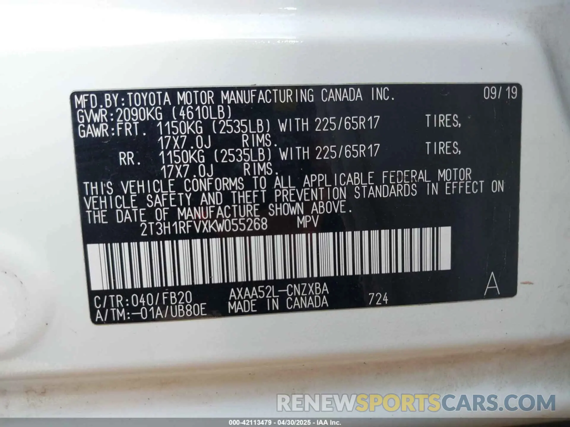 9 Photograph of a damaged car 2T3H1RFVXKW055268 TOYOTA RAV4 2019