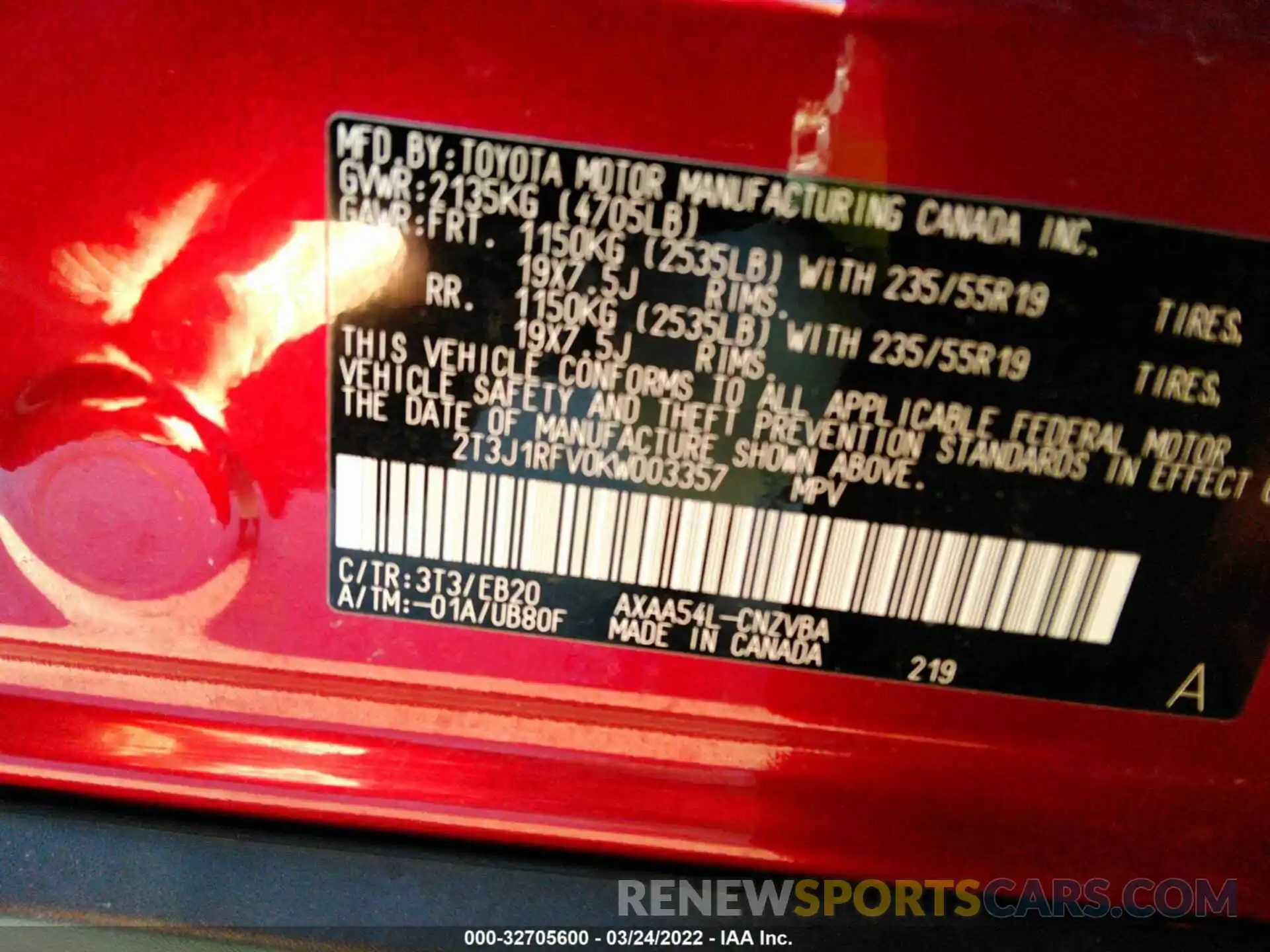 9 Photograph of a damaged car 2T3J1RFV0KW003357 TOYOTA RAV4 2019