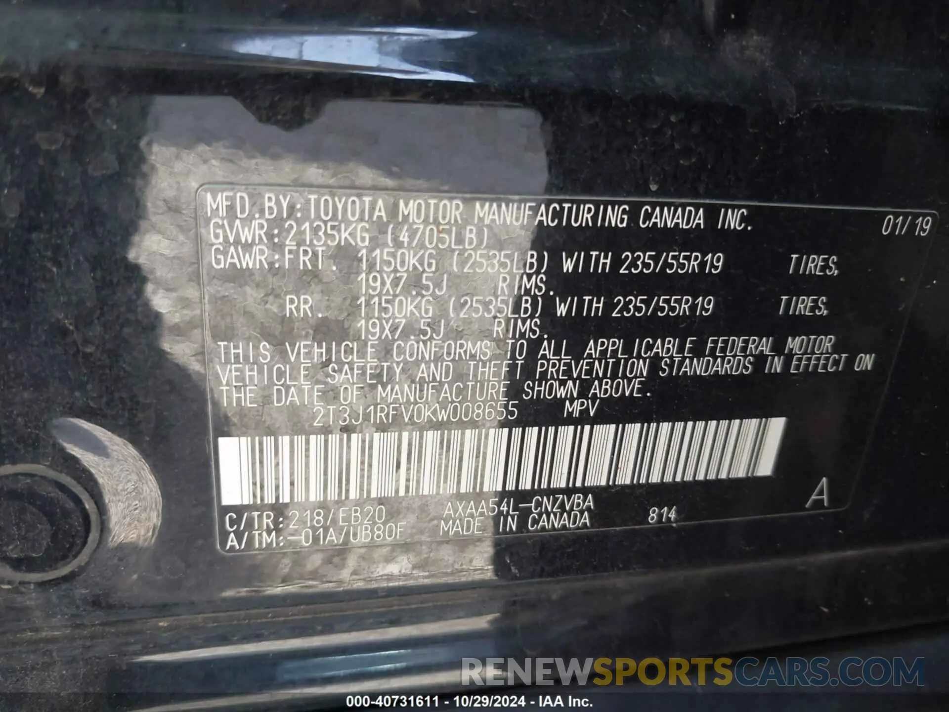 9 Photograph of a damaged car 2T3J1RFV0KW008655 TOYOTA RAV4 2019
