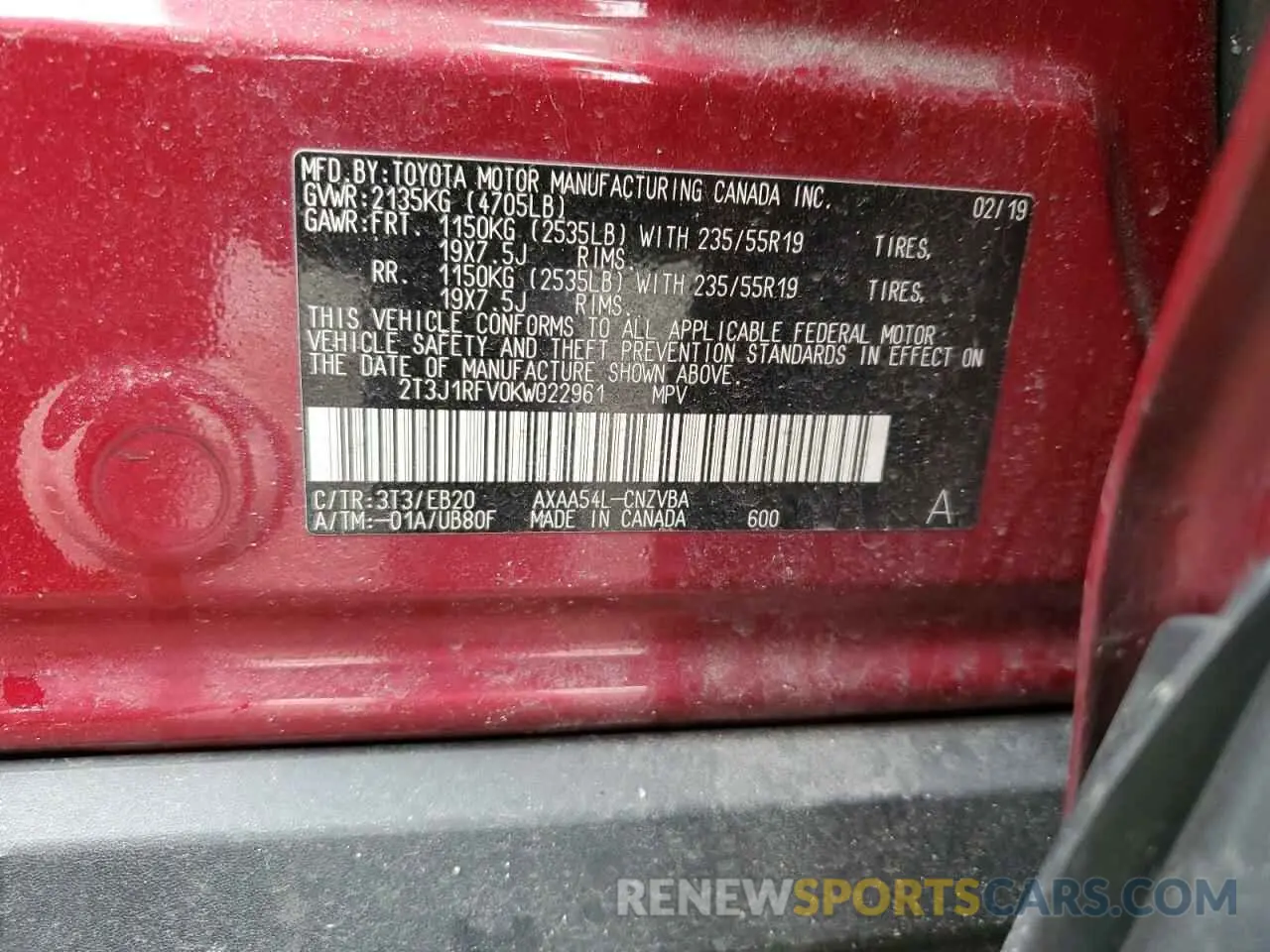 13 Photograph of a damaged car 2T3J1RFV0KW022961 TOYOTA RAV4 2019