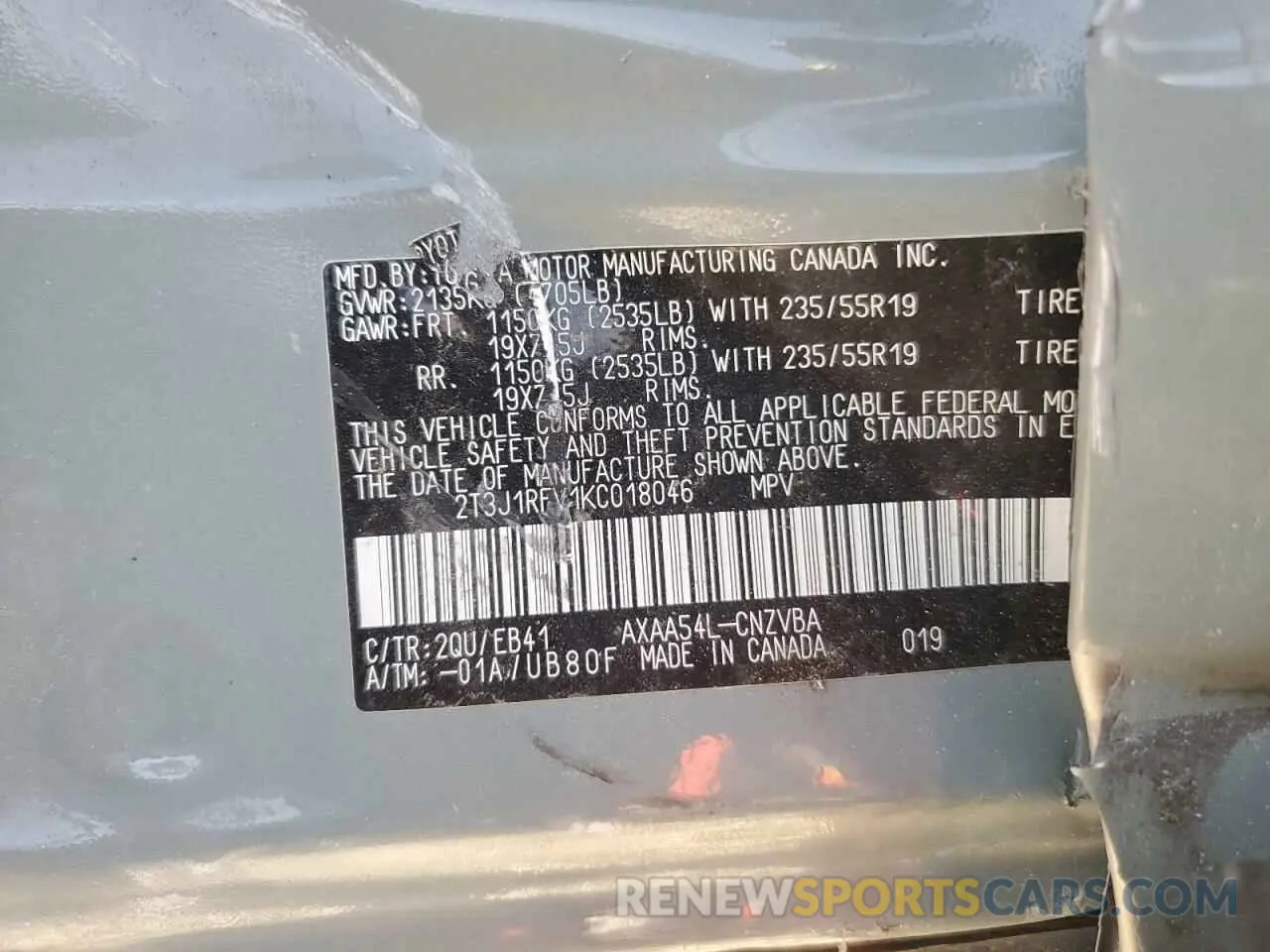 12 Photograph of a damaged car 2T3J1RFV1KC018046 TOYOTA RAV4 2019
