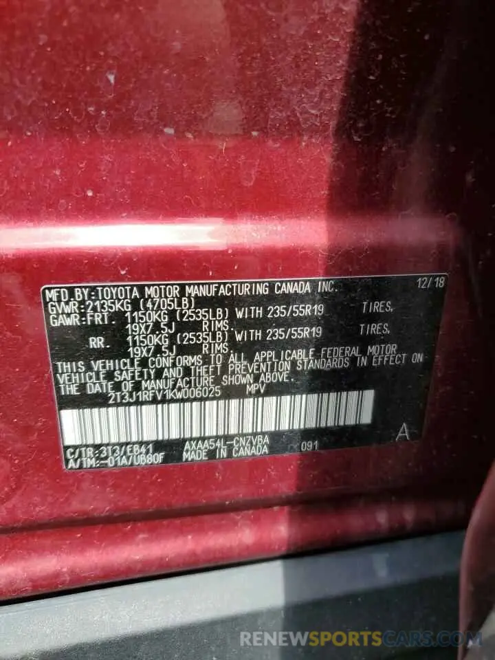 12 Photograph of a damaged car 2T3J1RFV1KW006025 TOYOTA RAV4 2019