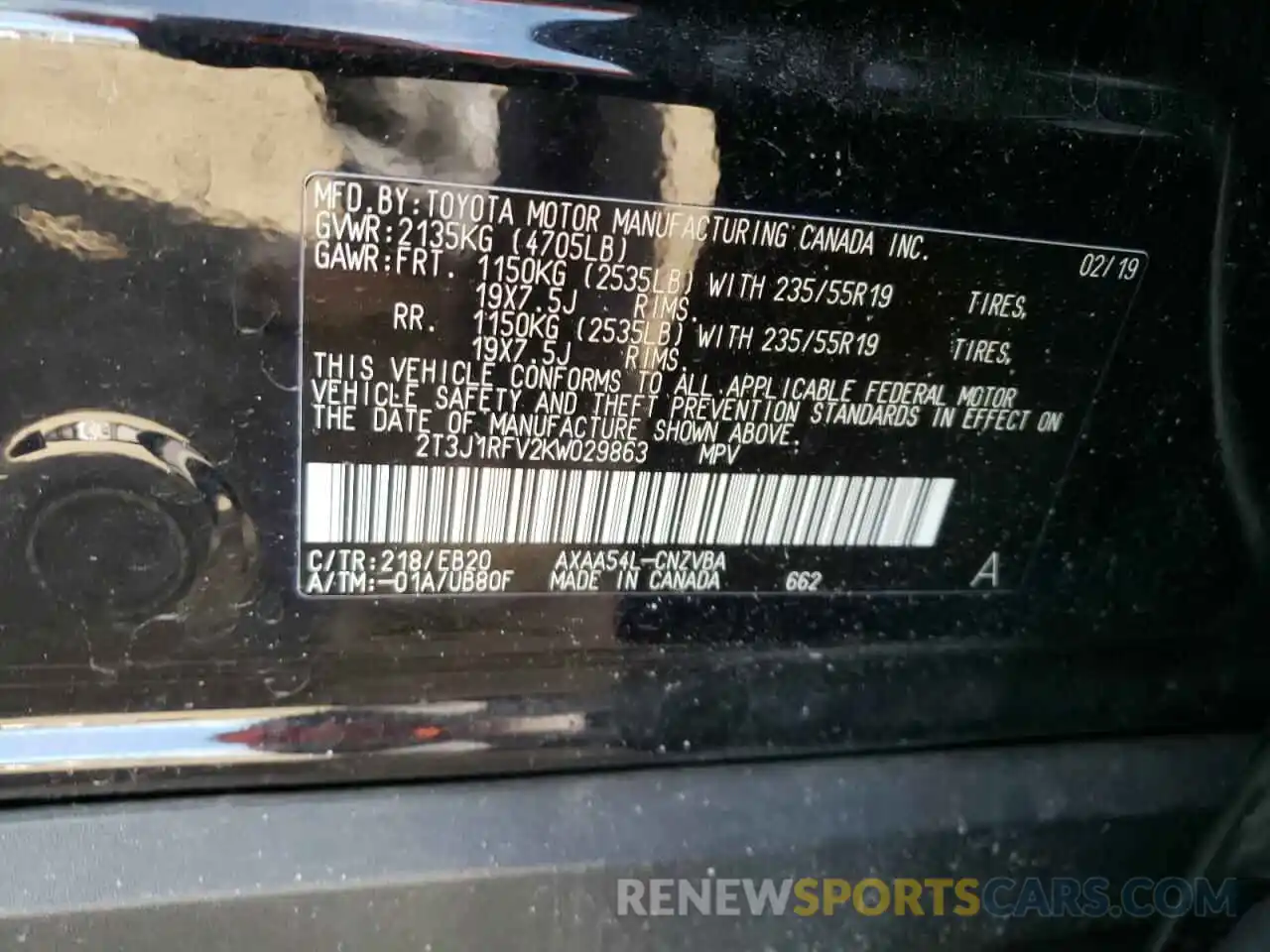 10 Photograph of a damaged car 2T3J1RFV2KW029863 TOYOTA RAV4 2019