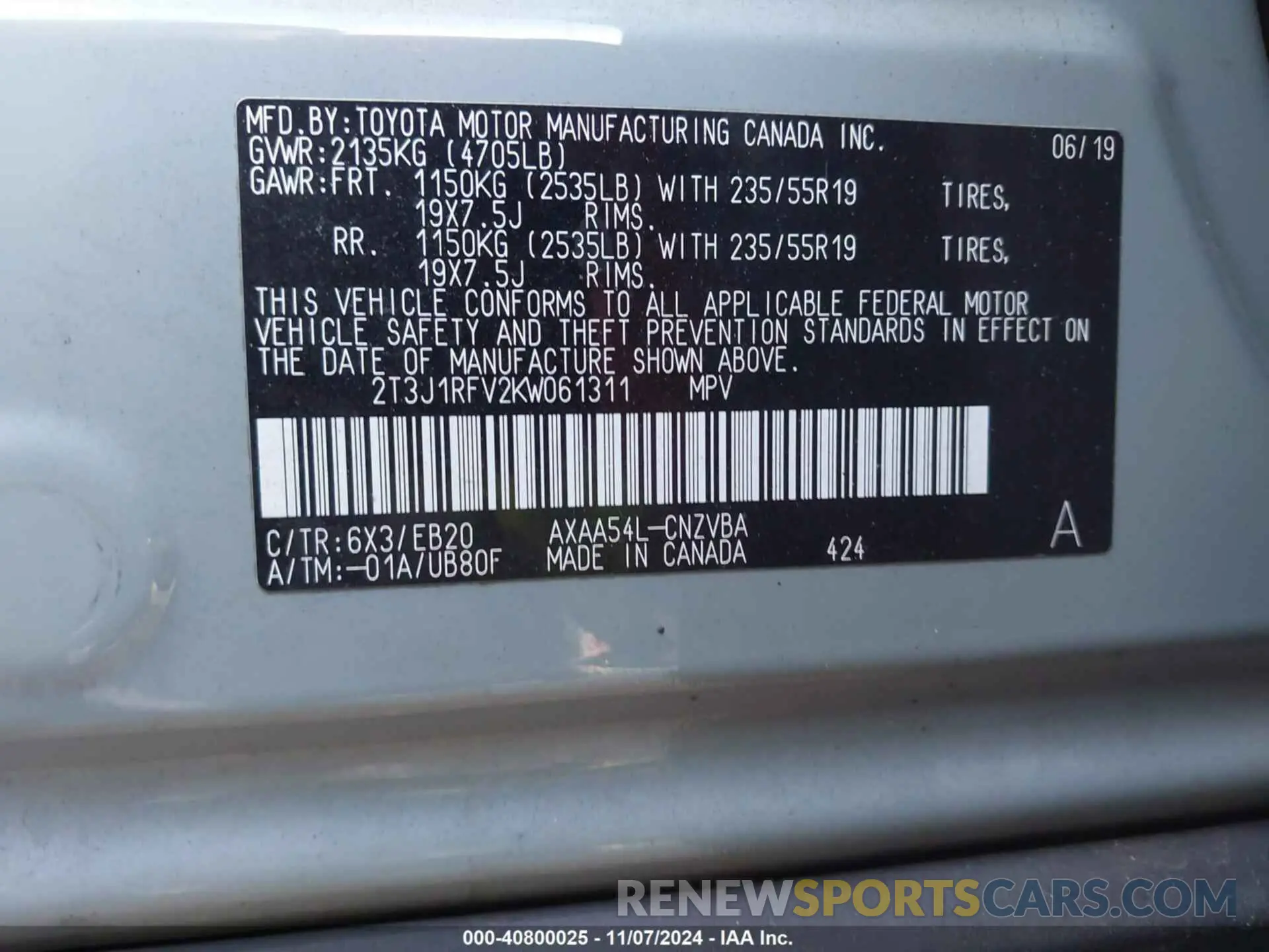 9 Photograph of a damaged car 2T3J1RFV2KW061311 TOYOTA RAV4 2019