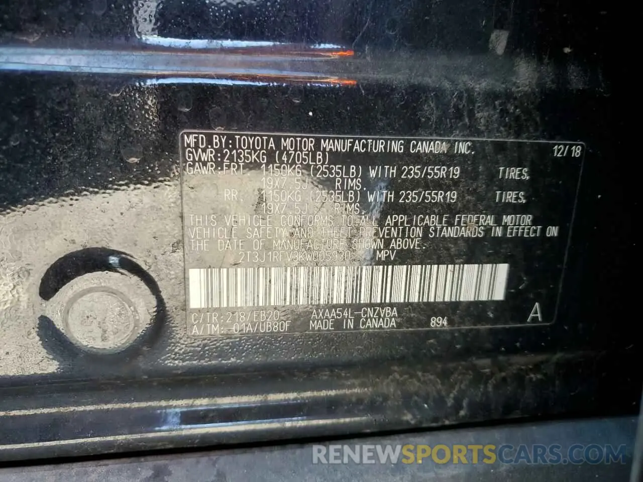 13 Photograph of a damaged car 2T3J1RFV3KW005930 TOYOTA RAV4 2019