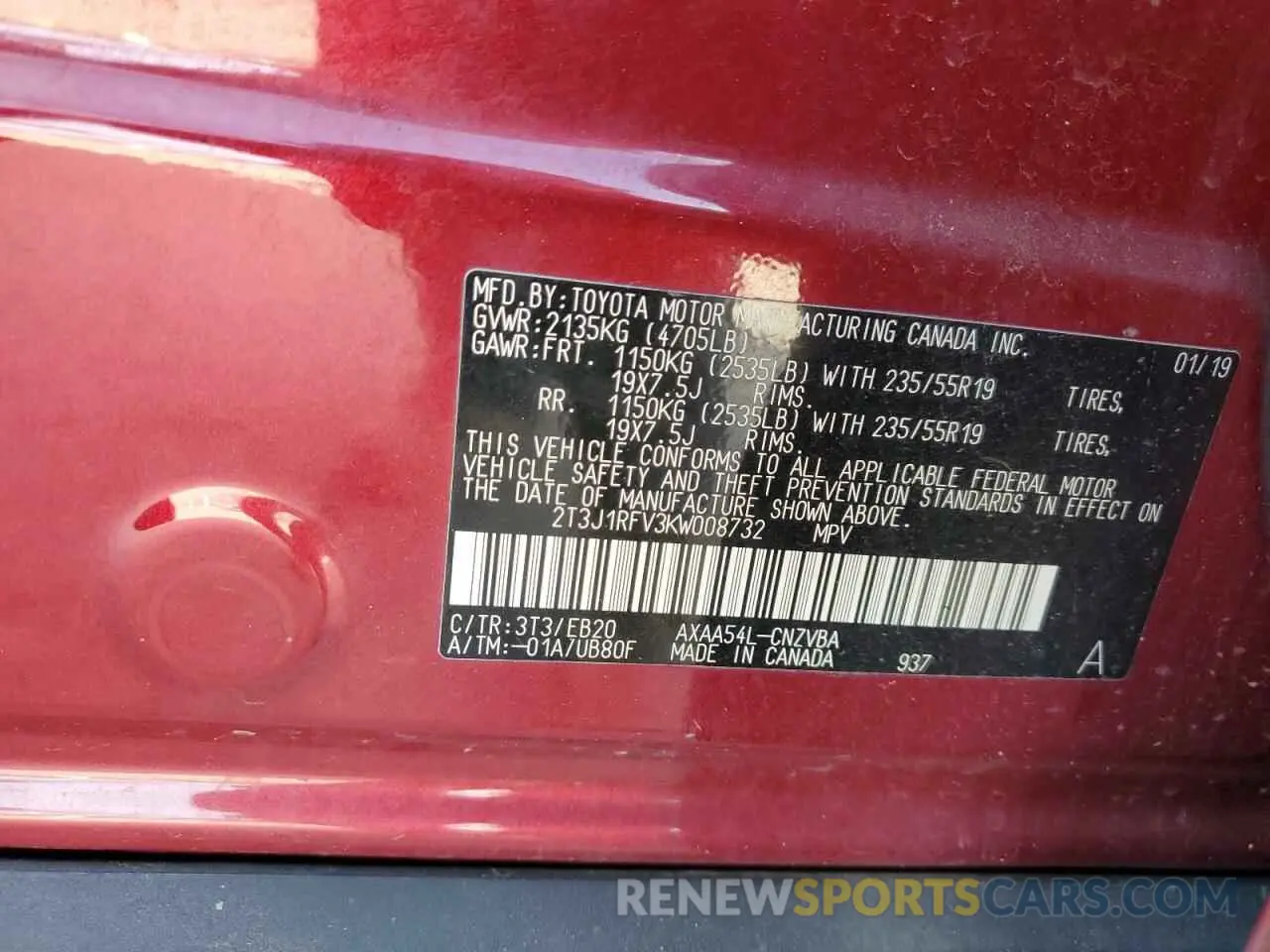 13 Photograph of a damaged car 2T3J1RFV3KW008732 TOYOTA RAV4 2019