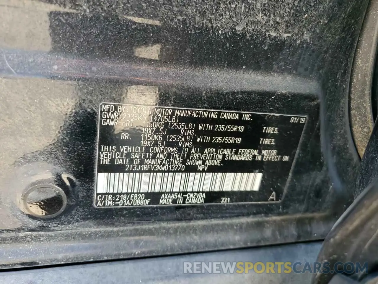 12 Photograph of a damaged car 2T3J1RFV3KW013770 TOYOTA RAV4 2019