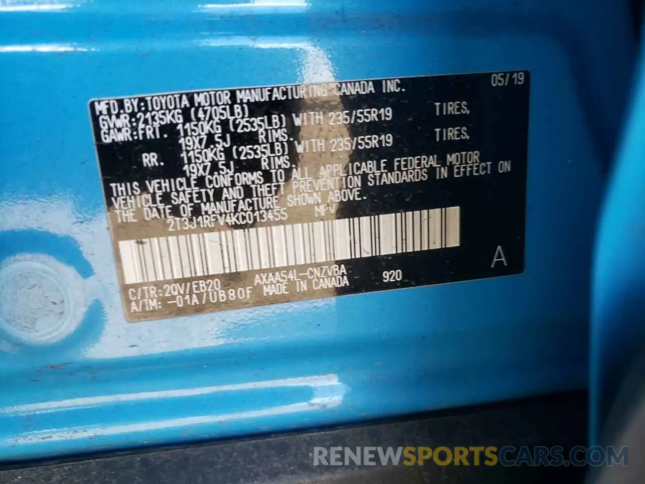10 Photograph of a damaged car 2T3J1RFV4KC013455 TOYOTA RAV4 2019