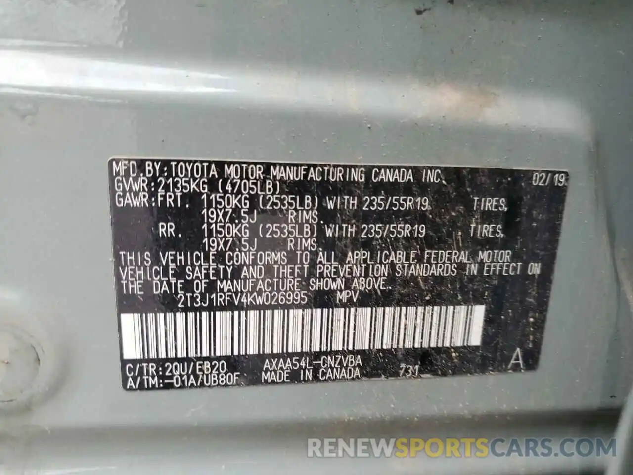 10 Photograph of a damaged car 2T3J1RFV4KW026995 TOYOTA RAV4 2019