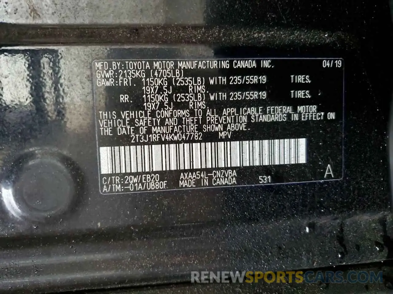14 Photograph of a damaged car 2T3J1RFV4KW047782 TOYOTA RAV4 2019