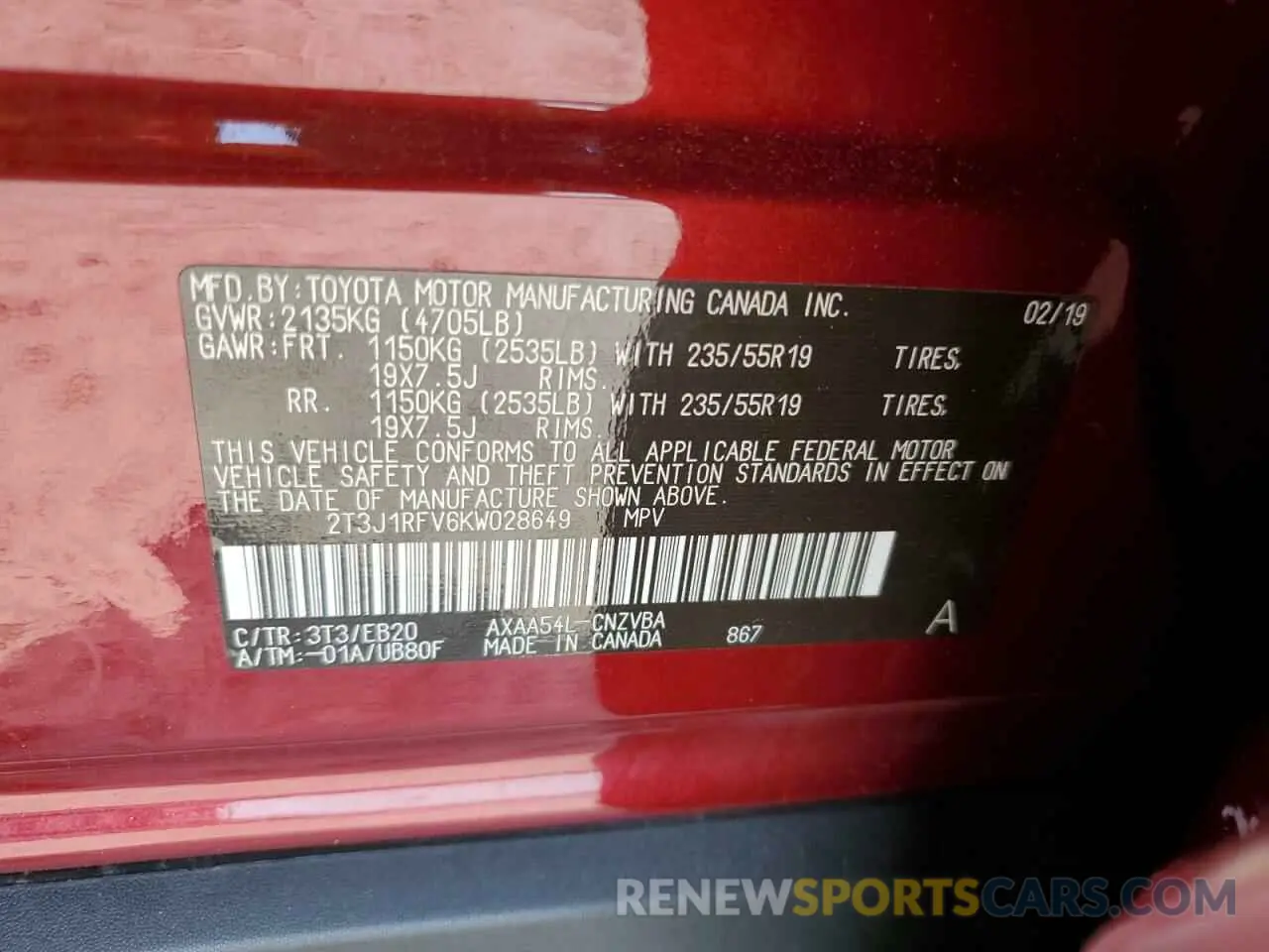13 Photograph of a damaged car 2T3J1RFV6KW028649 TOYOTA RAV4 2019