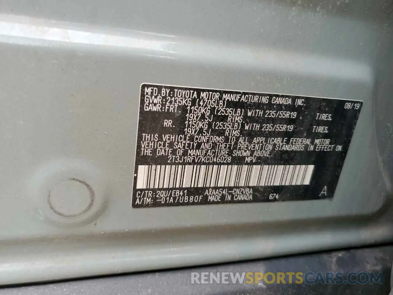 13 Photograph of a damaged car 2T3J1RFV7KC046028 TOYOTA RAV4 2019