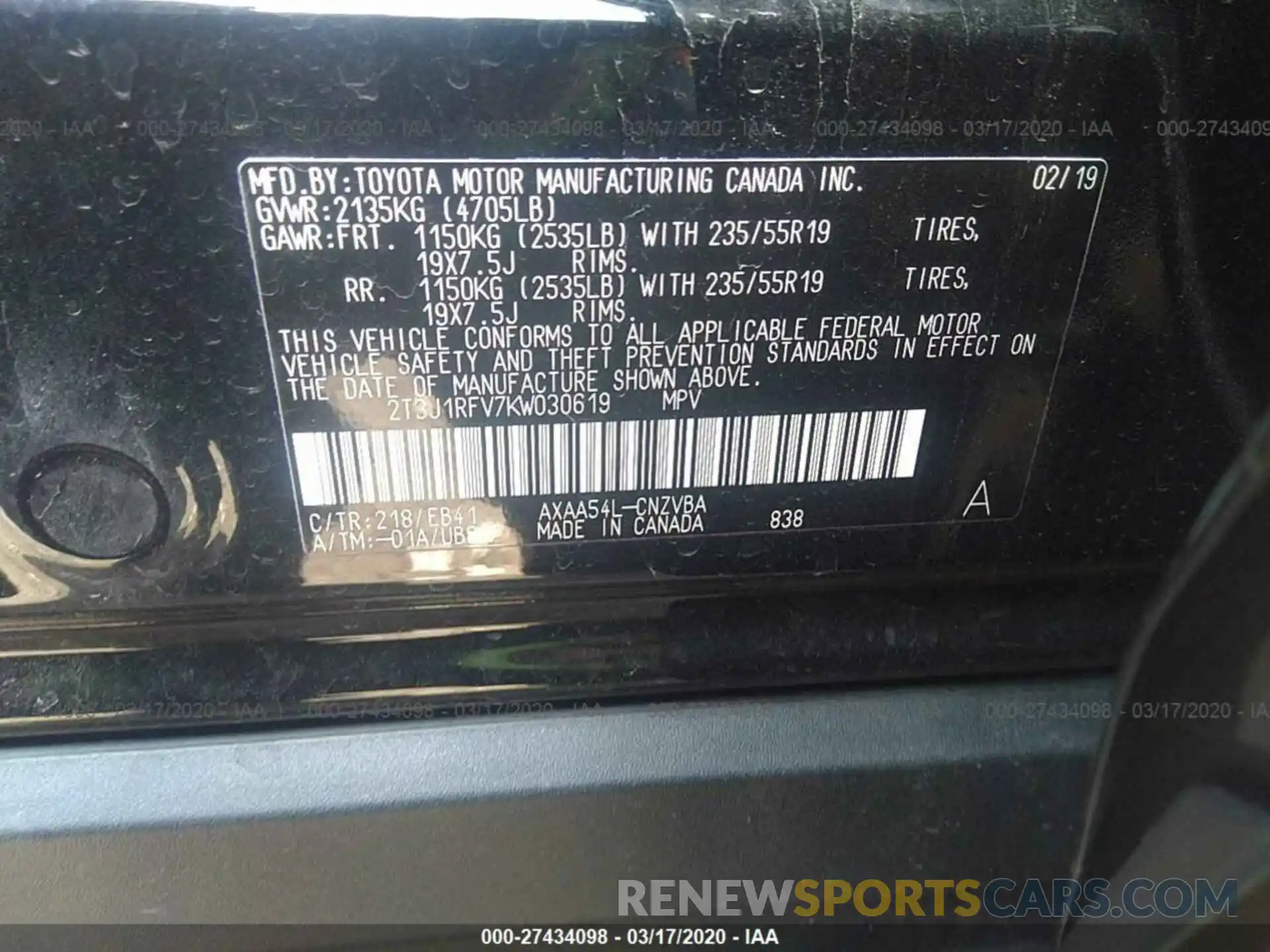 9 Photograph of a damaged car 2T3J1RFV7KW030619 TOYOTA RAV4 2019