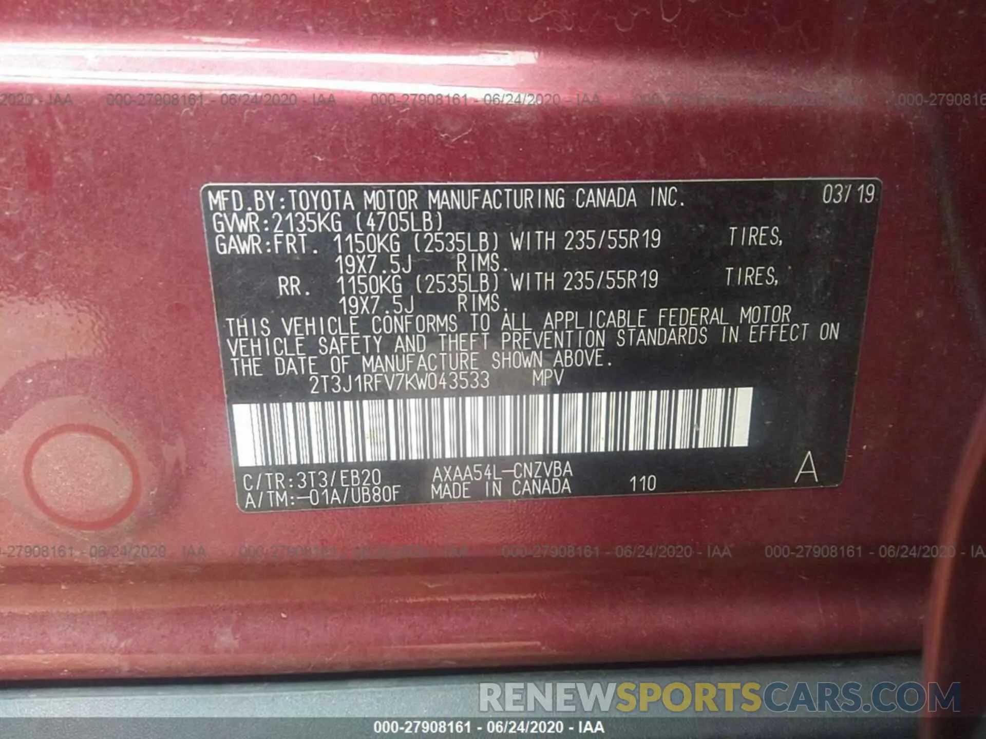 9 Photograph of a damaged car 2T3J1RFV7KW043533 TOYOTA RAV4 2019