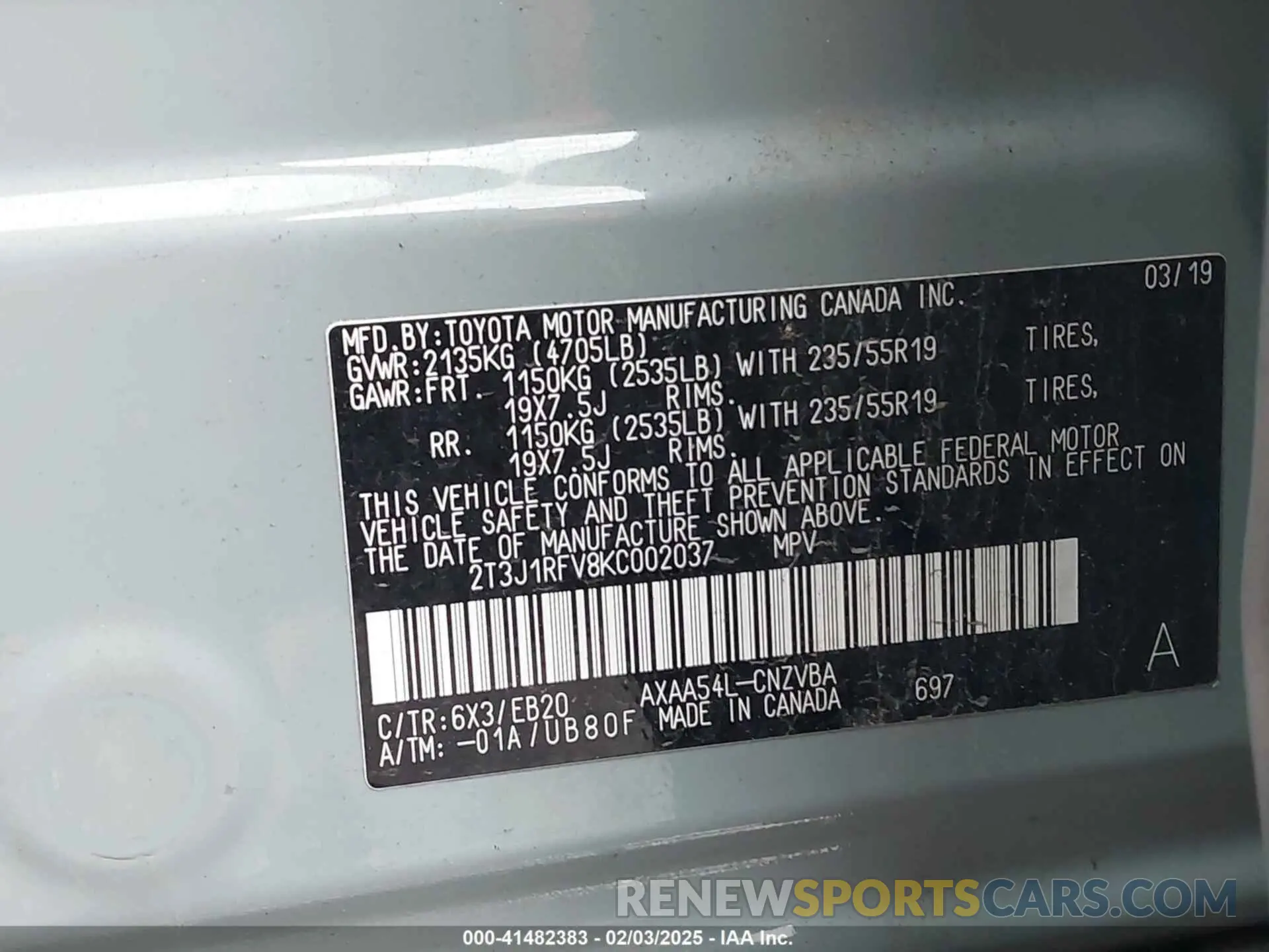 9 Photograph of a damaged car 2T3J1RFV8KC002037 TOYOTA RAV4 2019