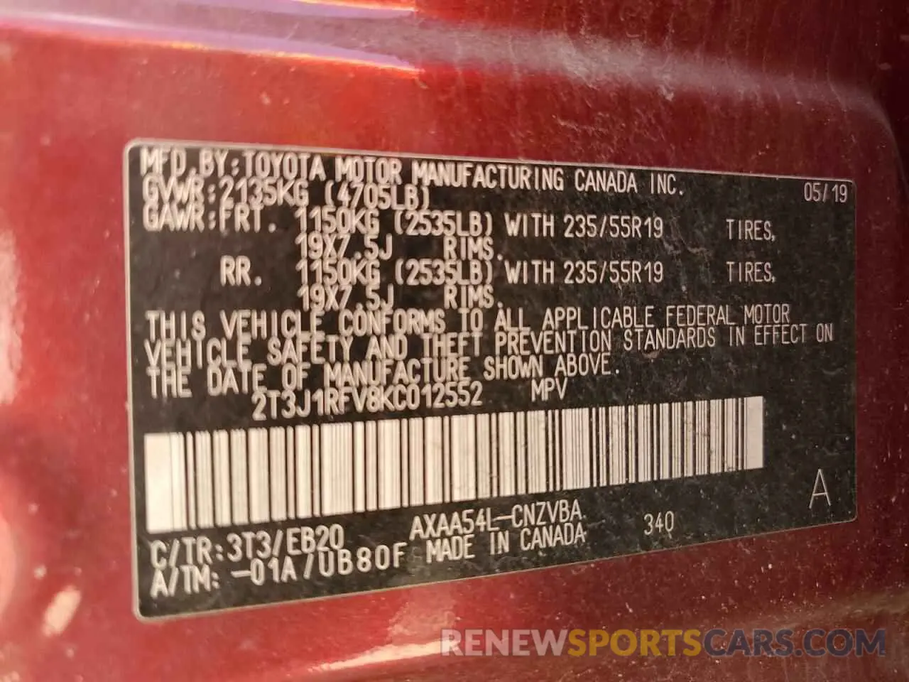 14 Photograph of a damaged car 2T3J1RFV8KC012552 TOYOTA RAV4 2019