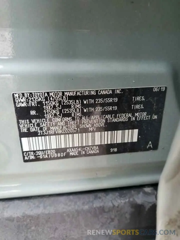 14 Photograph of a damaged car 2T3J1RFV8KC020571 TOYOTA RAV4 2019