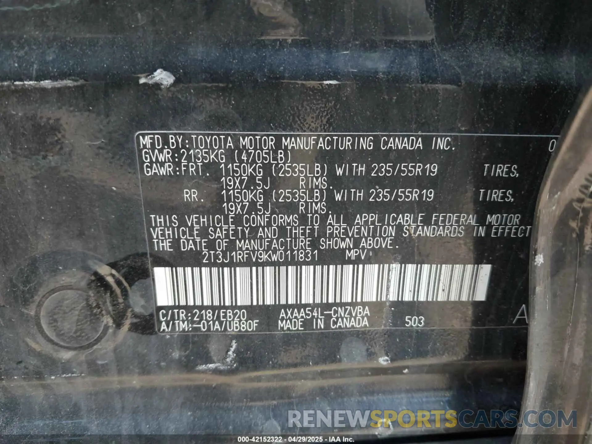 9 Photograph of a damaged car 2T3J1RFV9KW011831 TOYOTA RAV4 2019
