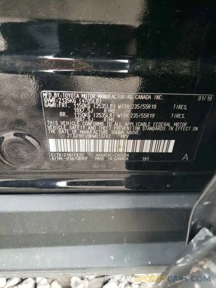 10 Photograph of a damaged car 2T3J1RFV9KW013742 TOYOTA RAV4 2019