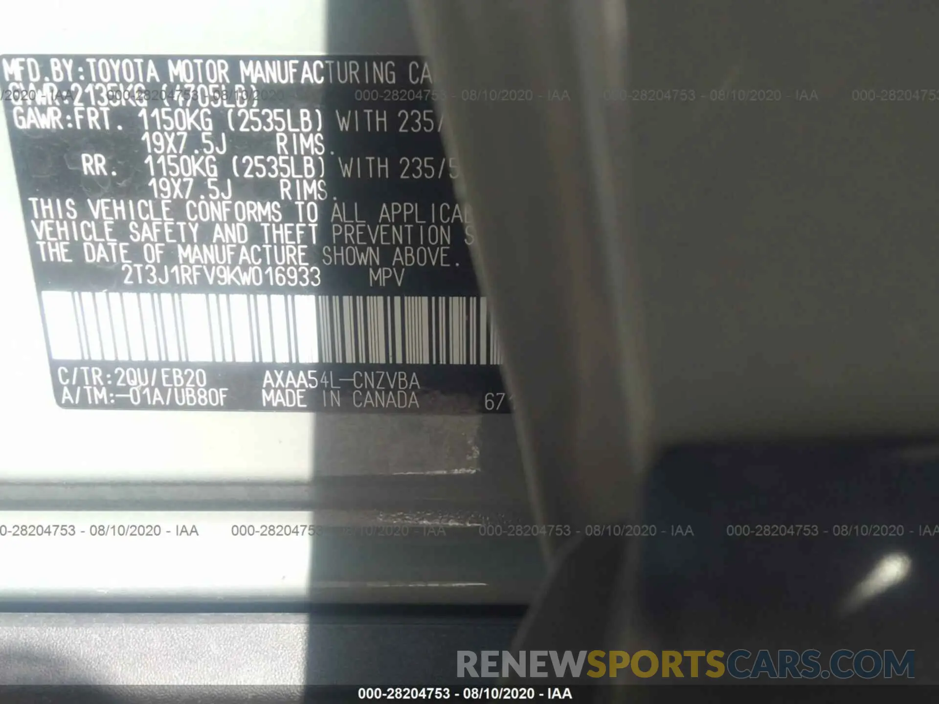 9 Photograph of a damaged car 2T3J1RFV9KW016933 TOYOTA RAV4 2019