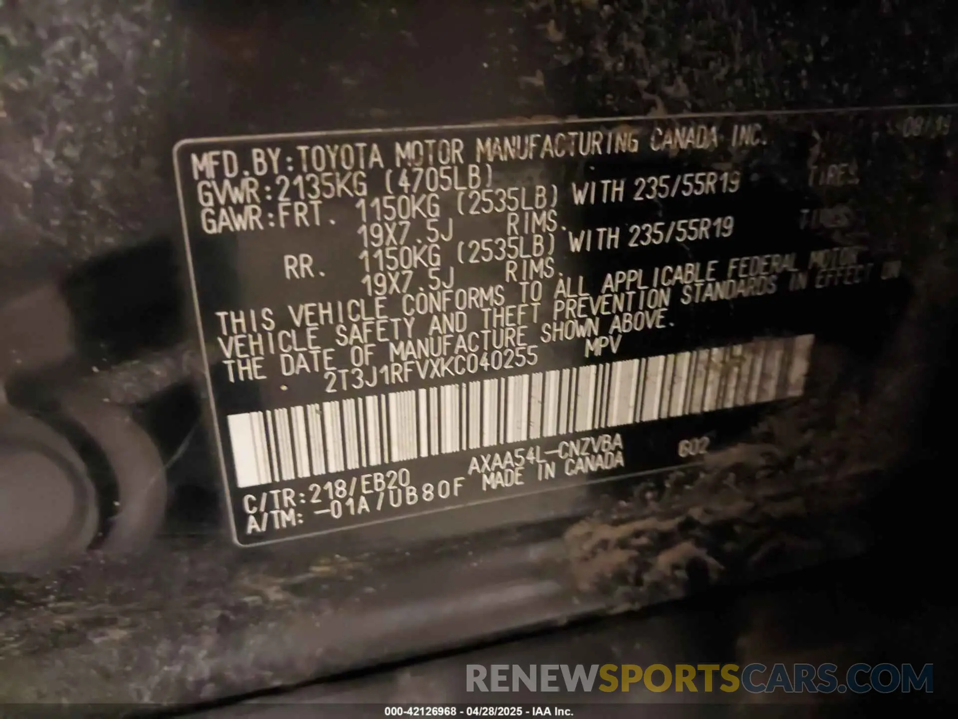 9 Photograph of a damaged car 2T3J1RFVXKC040255 TOYOTA RAV4 2019