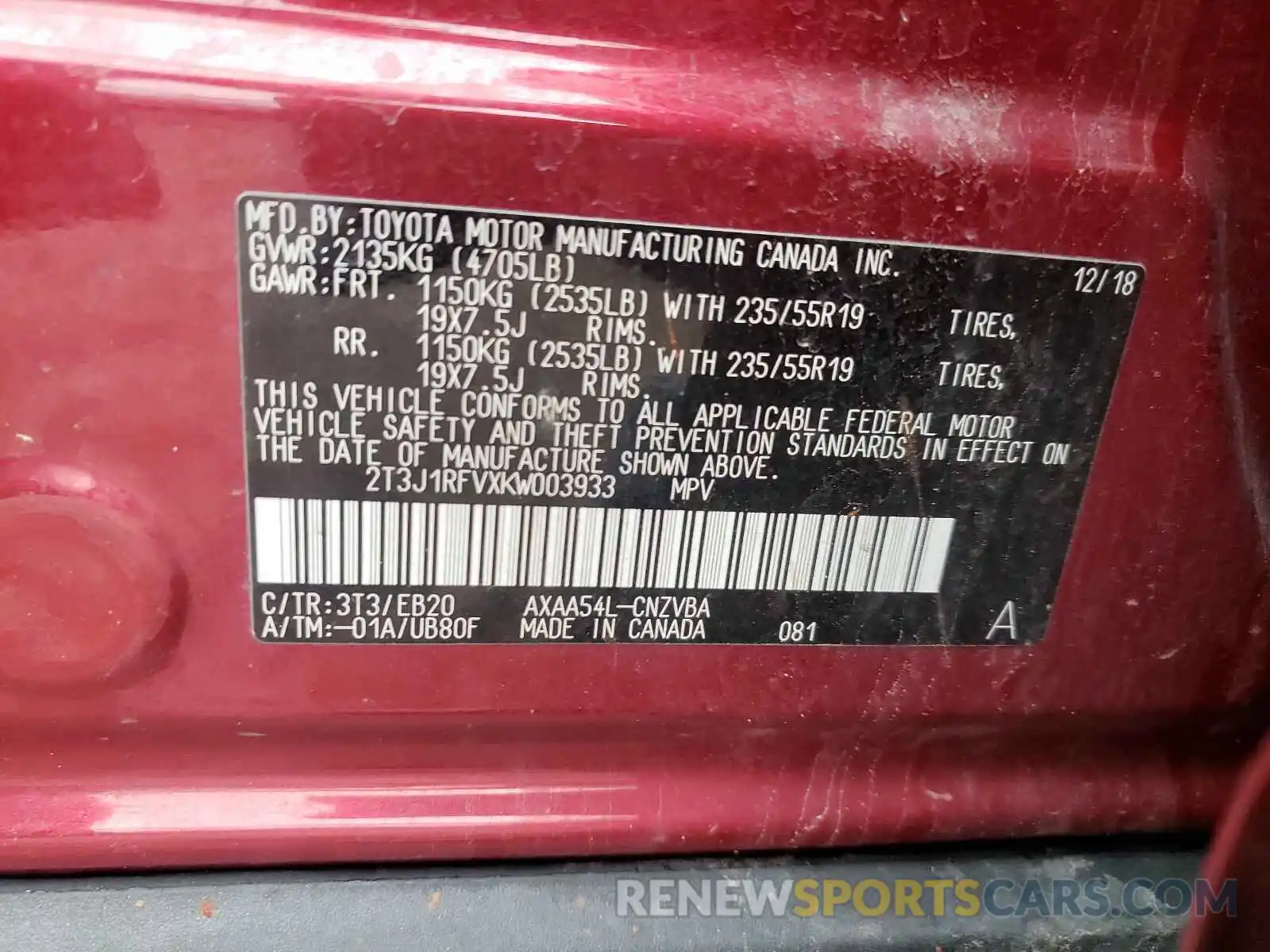 10 Photograph of a damaged car 2T3J1RFVXKW003933 TOYOTA RAV4 2019