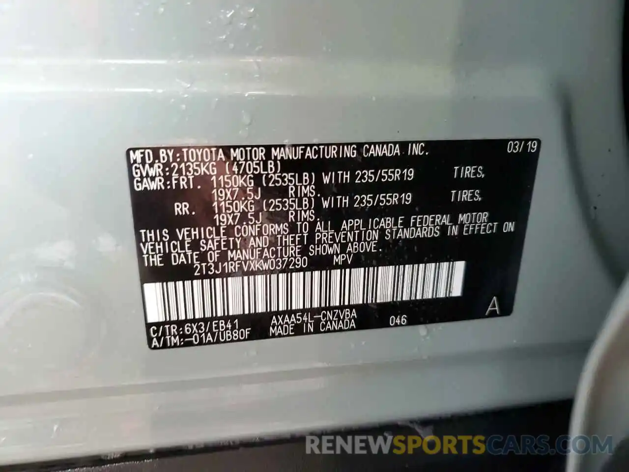 10 Photograph of a damaged car 2T3J1RFVXKW037290 TOYOTA RAV4 2019