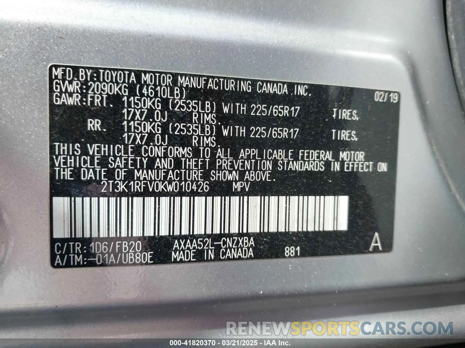 9 Photograph of a damaged car 2T3K1RFV0KW010426 TOYOTA RAV4 2019
