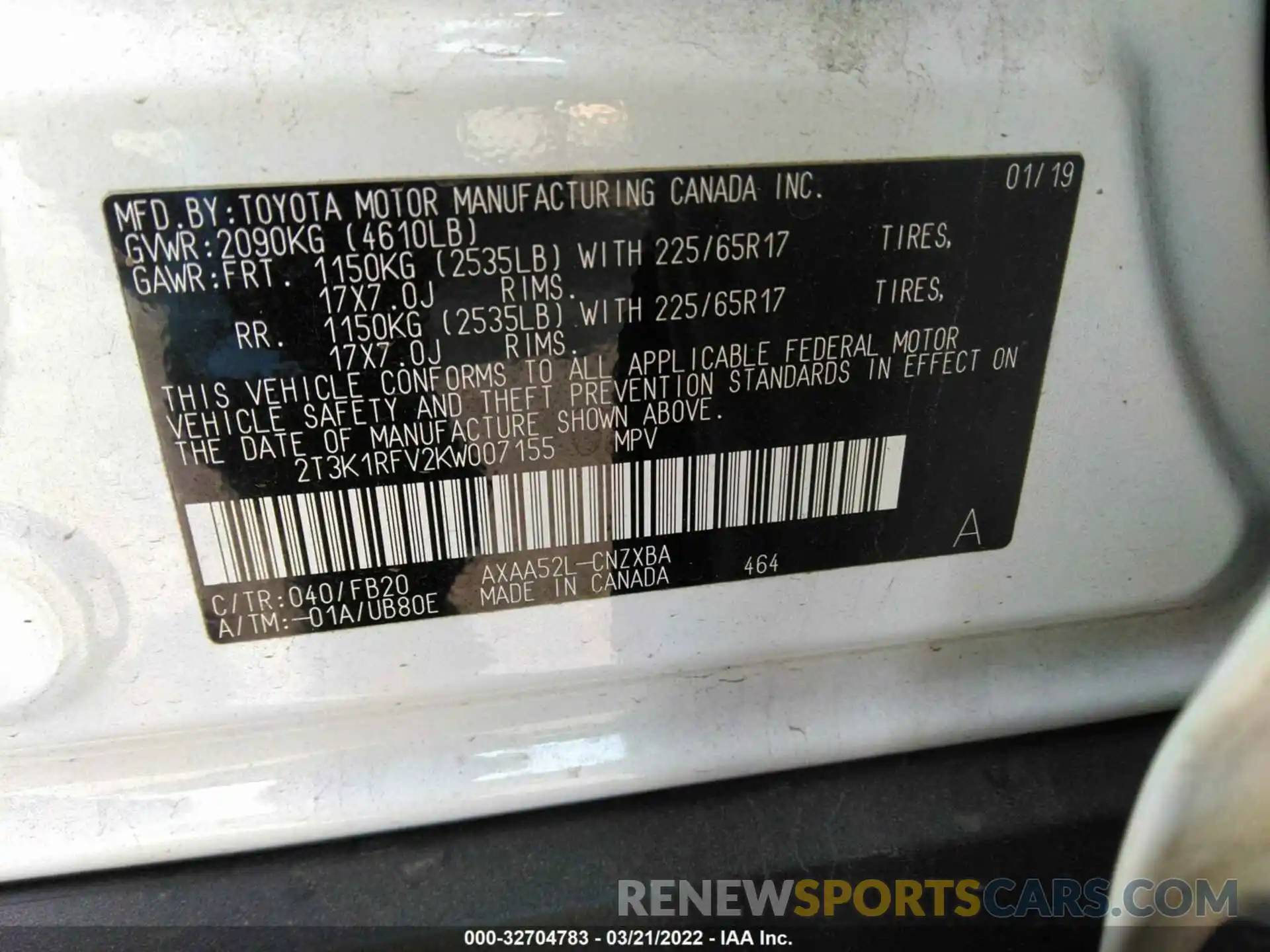 9 Photograph of a damaged car 2T3K1RFV2KW007155 TOYOTA RAV4 2019