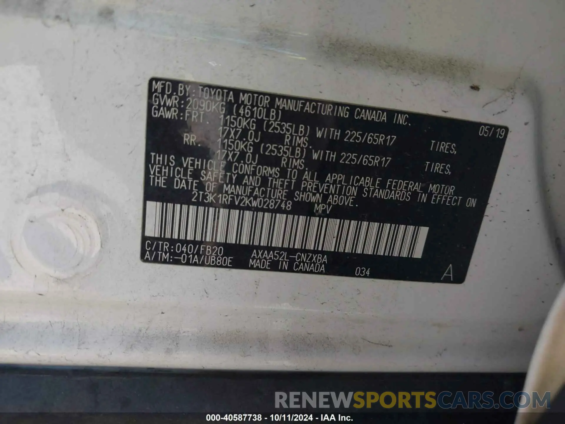 9 Photograph of a damaged car 2T3K1RFV2KW028748 TOYOTA RAV4 2019