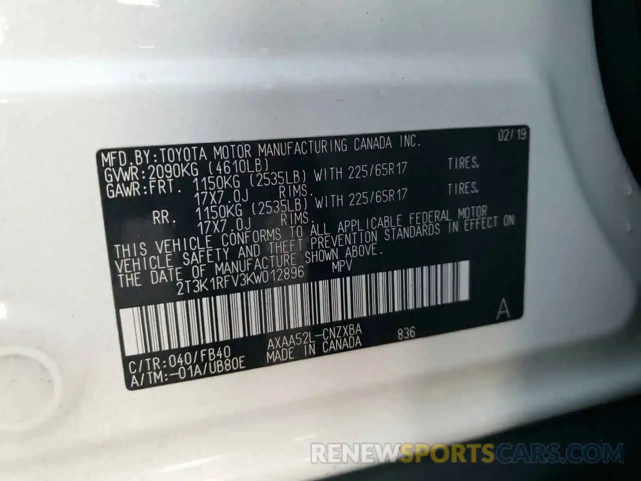 10 Photograph of a damaged car 2T3K1RFV3KW012896 TOYOTA RAV4 2019